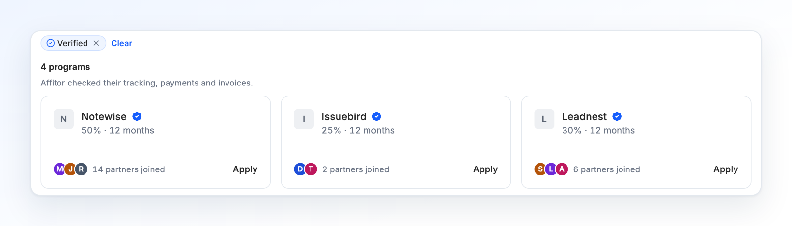 The marketplace filtered to verified programs, with the Verified chip